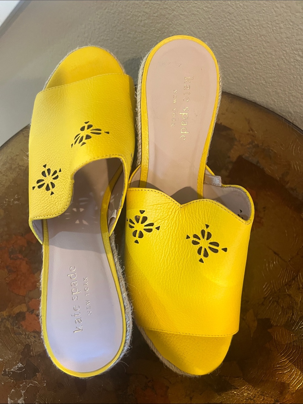 kate spade Bright Yellow Perforated Leather Slide Mules